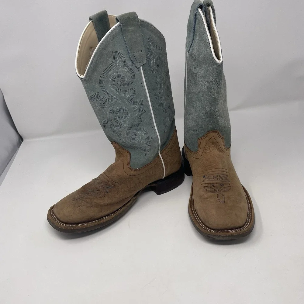 Old West Kids Leather Western Cowboy Boots Blue Suede Shaft Size 4.0 D BSY1944
